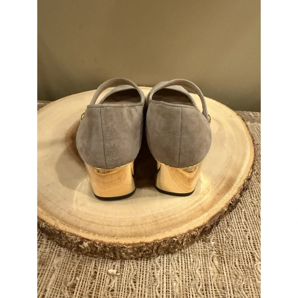 Tory Burch Marisa 40mm Mary‎ Jane Pump in Grey Suede Strap Gold Accent Sz-7 298$